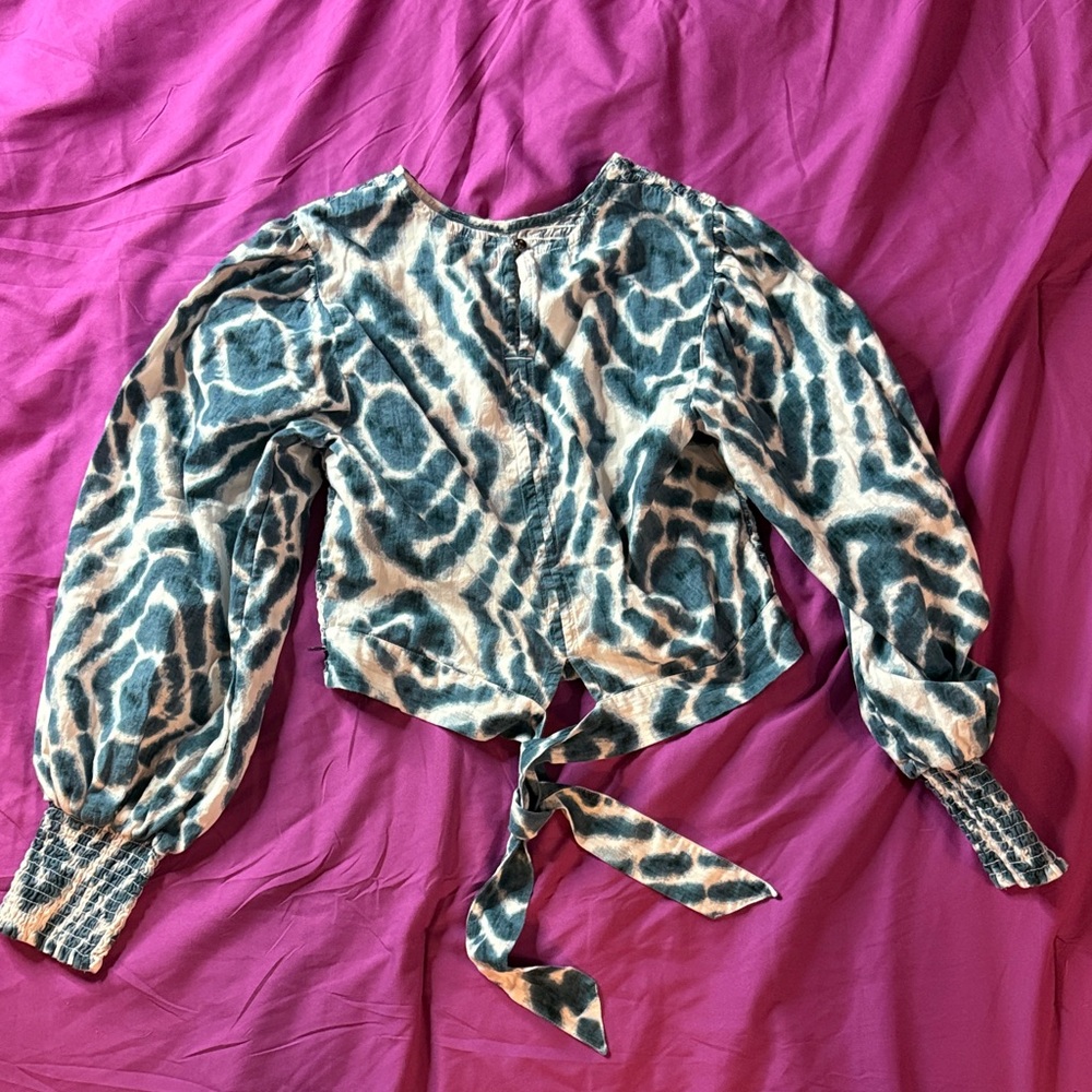 SCOTCH & SODA Smocked Long Sleeve Crop Top Blouse Teal Tie Front Size 36 M